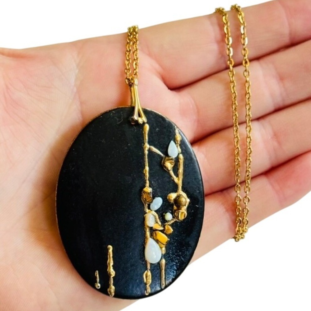 VTG Brutalis Opal Glazed necklace Signed‎ Cathaway Artisan Mod Brass 90s Chunky